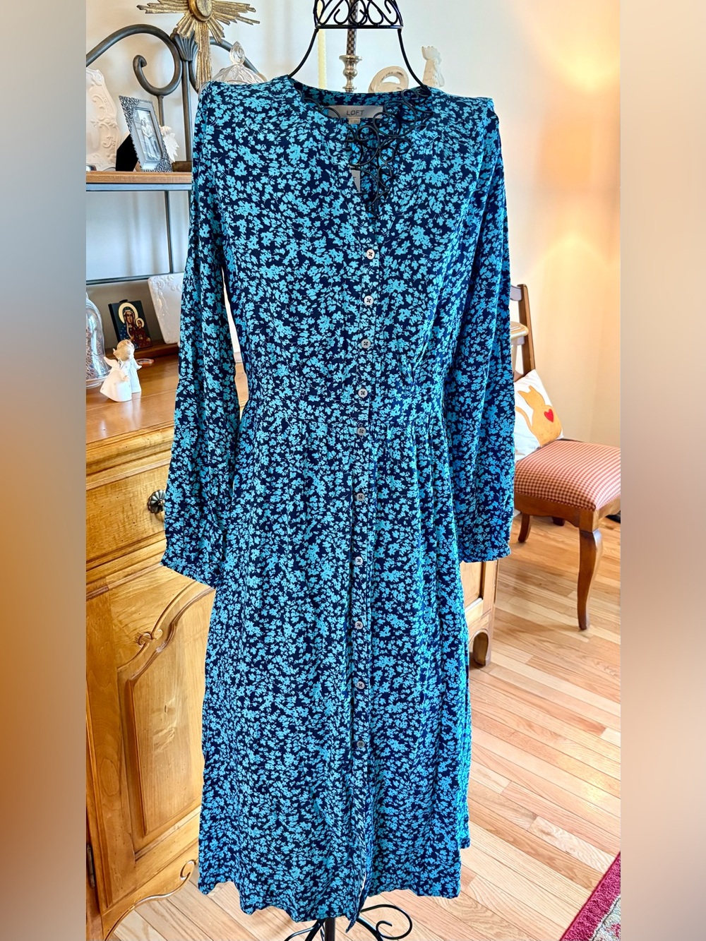 LOFT Teal Blue Floral Long-Sleeve Midi Dress